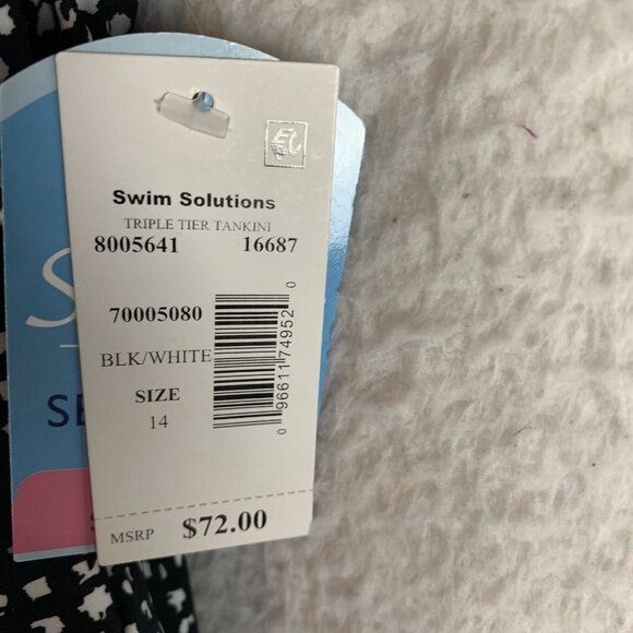 Swim Solutions Halter Tankini Top Women's 14 Black White Printed Triple Tiered - Picture 3 of 6